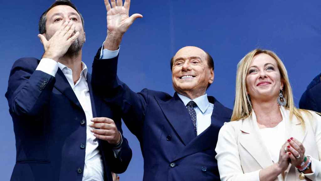 Matteo Salvini, Silvio Berlusconi and Giorgia Meloni at the closing rally of the campaign in Italy.