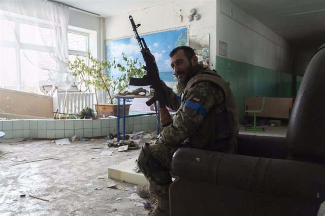 File - A Ukrainian soldier in a school in the village of Rudnyts'ke, which previously served as the headquarters of Russian troops.