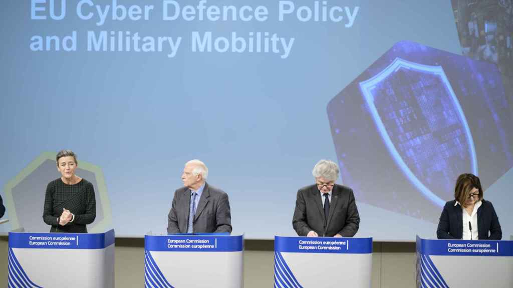 Margrethe Vestager, Josep Borrell, Thierry Breton and Adina Valean, at a press conference in Brussels.