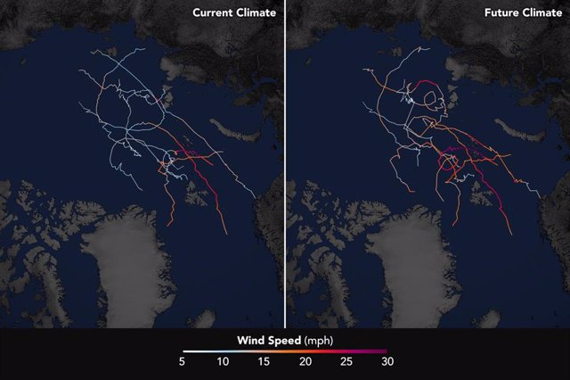 The maps show the simulated storm tracks and wind speeds of the nine simulated cyclones in the study.