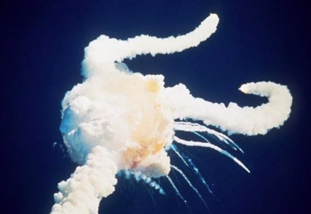 File - Remains of the shuttle Challenger after the explosion