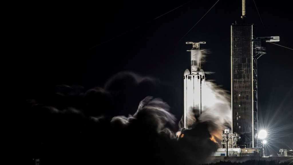 SpaceX's Falcon Heavy rocket during a ground test at its launch site in Florida in October.