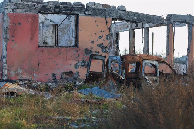 Property damage in a town located in the Kherson region in southern Ukraine