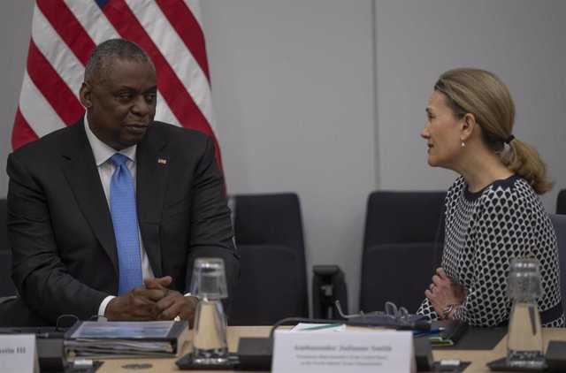 File - US Secretary of Defense Lloyd Austin and NATO Ambassador Julianne Smith