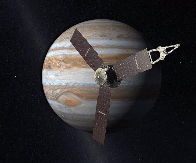 Illustration of Juno in front of Jupiter