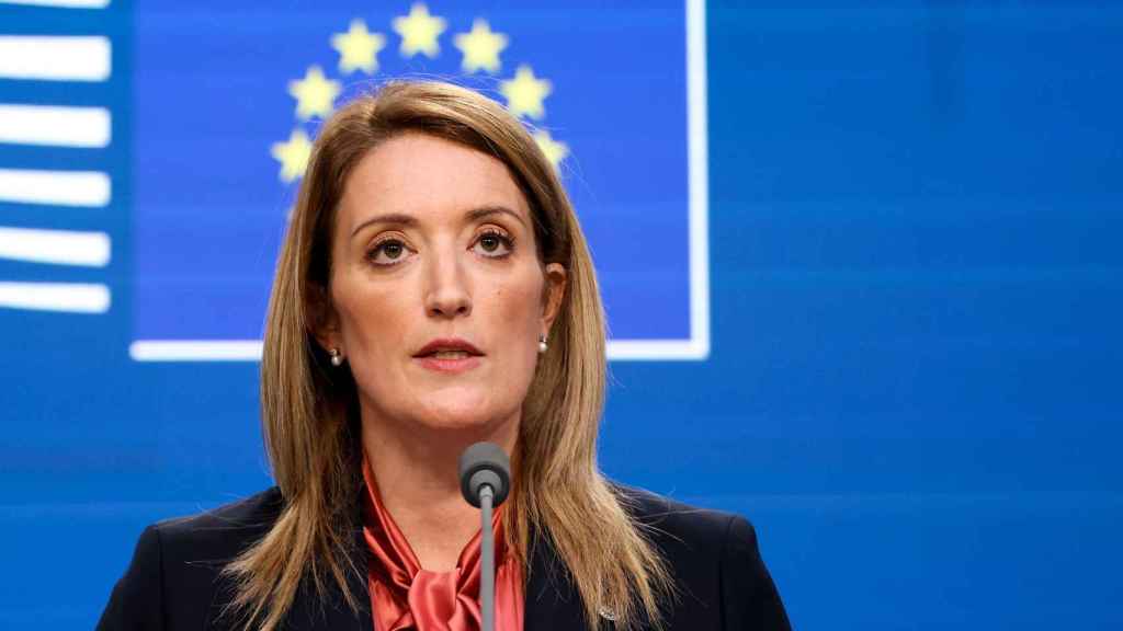 The president of the European Parliament, Roberta Metsola, during the press conference this Thursday