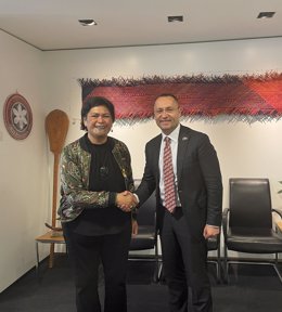 New Zealand Foreign Minister Nanaia Mahuta and Ukraine's Ambassador to the country Vasil Miroshnichenko