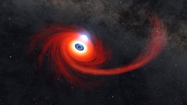 In this illustration, a disk of hot gas swirls around a black hole.  The gas stream extending to the right is what is left of a star that was disintegrated by the black hole.