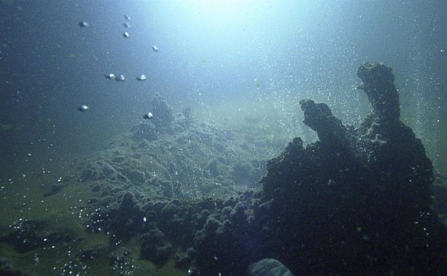 Submarine volcanic activity along a section of the Kolumbo crater on the seafloor, observed with the SANTORY monitoring equipment.