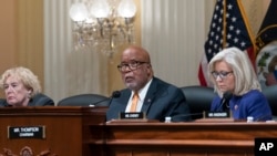 Speaker Bennie Thompson, D-Mississippi, flanked by Rep. Zoe Lofgren, D-Calif., left, and Vice Speaker Liz Cheney, R-Wyoming, speaks as the House select committee tasked with investigating the Sept. 6 attack January against the Capitol.  meets in Washington on October 19, 2021.