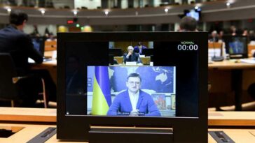 The Ukrainian Foreign Minister, Dmytro Kuleba, during his telematic intervention at the meeting in Brussels