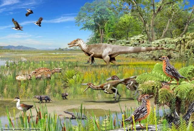 Artist's interpretation of Patagonia during the Late Cretaceous, between 66 and 78 million years ago.  Animals depicted include non-avian dinosaurs, birds, and other vertebrates that have been discovered in the region's fossil record.