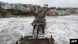 This aerial view shows a damaged split pier in Capitola, California on January 9, 2023.