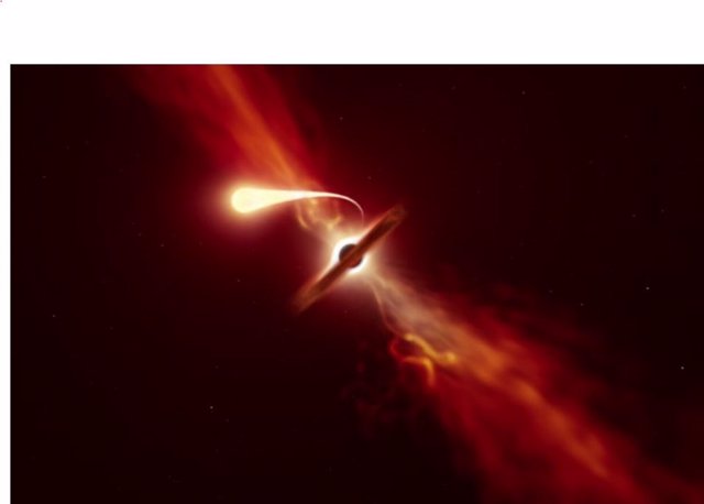 This illustration shows a star (foreground) spaghetting as it is sucked into a supermassive black hole (background) during a "tidal disruption event".