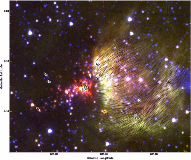 BYF 73's magnetic field orientations, derived from SOFIA data, are overlaid on a composite image of the region taken by the Spitzer Space Telescope and the Anglo-Australian Telescope.