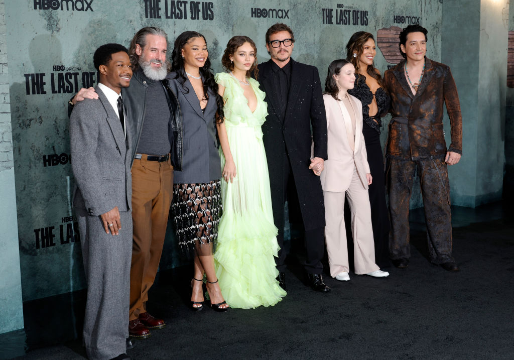 Left to right: Lamar Johnson, Jeffrey Pierce, Storm Reid, Nico Parker, Pedro Pascal, Bella Ramsey, Merle Dandridge and Gabriel Luna attend the Los Angeles premiere of "The Last Of Us" of HBO at the Regency Village Theater on January 09, 2023 in Los Angeles, California.  (Photo by Frazer Harrison/Getty Images)