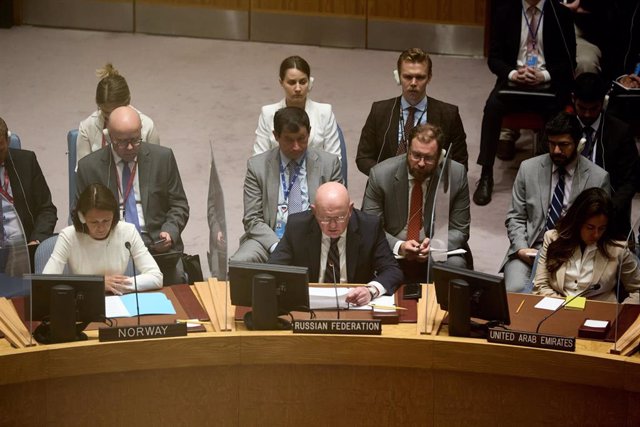 File - File photo of Russia's permanent representative to the UN, Vasily Nebenzya, before the Security Council