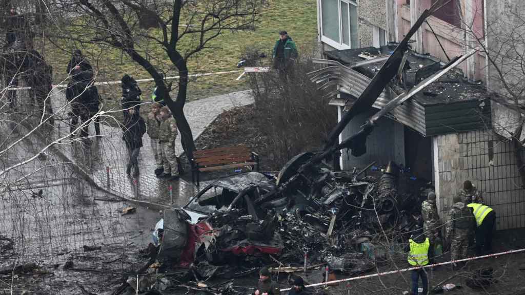 A general view of the place where a helicopter crashed, in the middle of Russia's attack on Ukraine, in the city of Brovary, on the outskirts of kyiv,