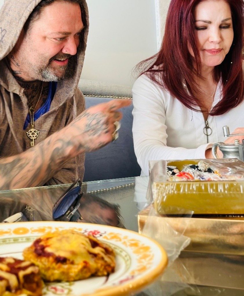 Margera captioned one of the images, "lunch with prescilla presley," misspelling his name.