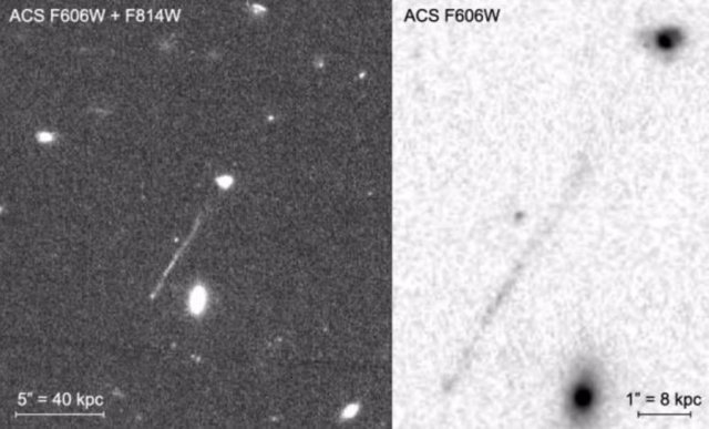 These images from Hubble's Advanced Camera for Surveys show the linear feature that can result from a supermassive black hole running amok through space