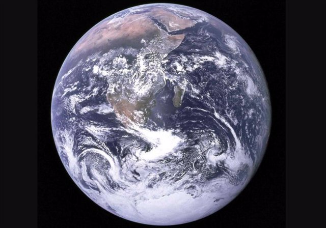 The Southern and Northern Hemispheres look equally bright in this iconic image of Earth, titled The Blue Marble, taken by the crew of the Apollo 17 spacecraft on December 7, 1972.