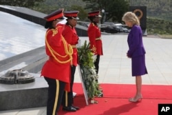 US First Lady Jill Biden places a wreath at a monument in the Namibian capital to the African country's independence heroes.