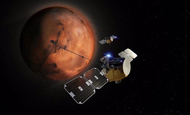 Illustration of the ESCAPADE spacecraft in orbit around Mars.