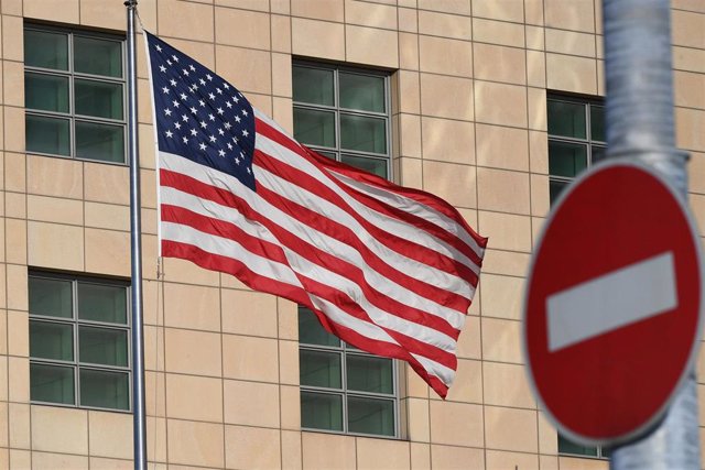 File - American flag in front of the American Embassy in Moscow, Russia