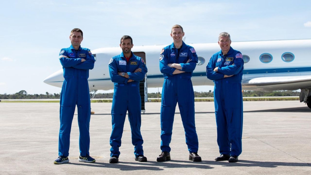 SpaceX Crew-6 astronauts pause for a photo after arriving at the Kennedy Space Center launch and landing facility in Florida on February 21, 2023. From left to right: Roscosmos cosmonaut Andrey Fedyaev, United Arab Emirates Sultan Alneyadi and NASA astronauts Warren "Woody" Hoburg and Stephen Bowen.  (Credit: Kim Shiflett/NASA)