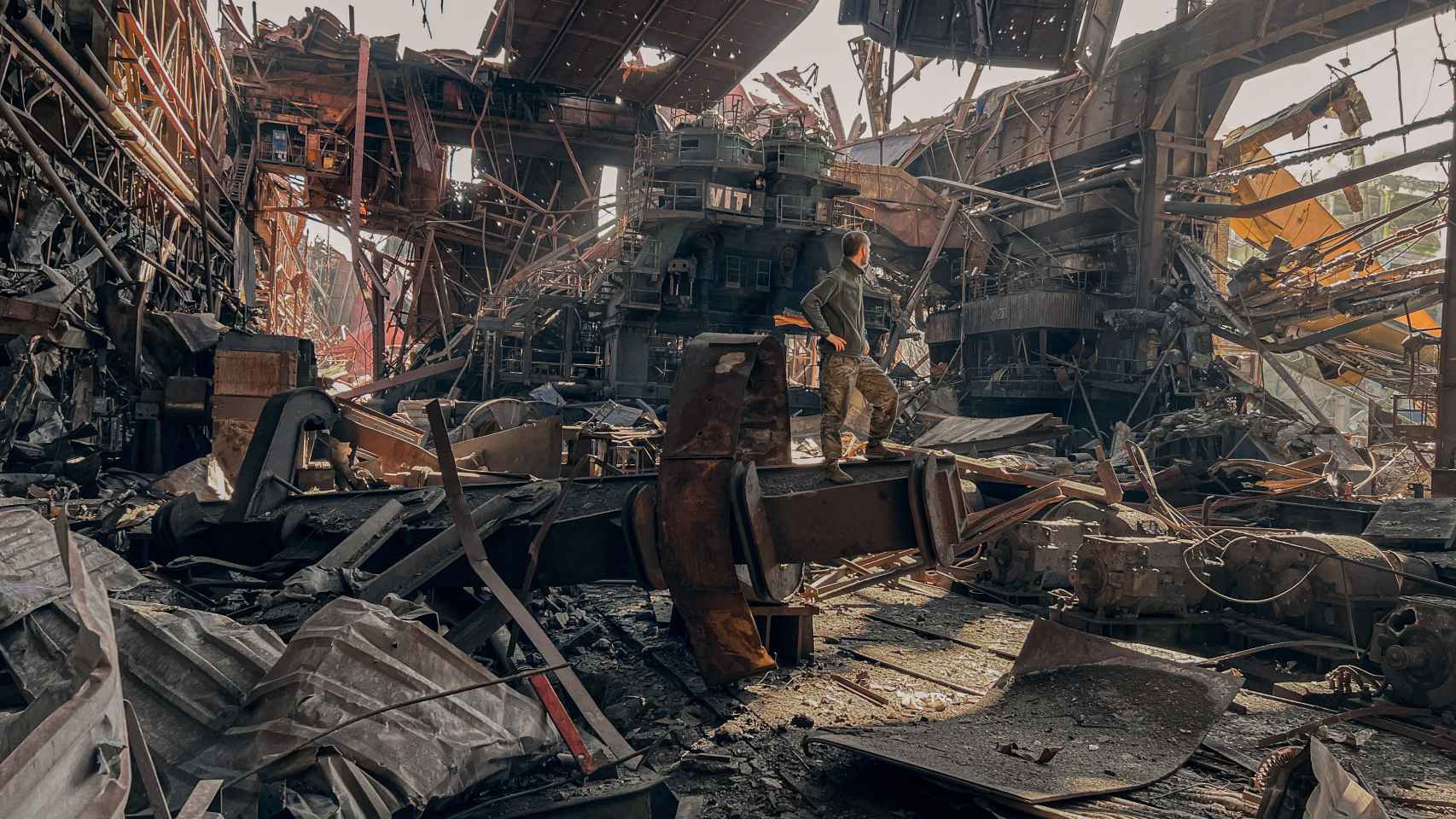 A soldier among the ruins of one of Azovstal's ships.