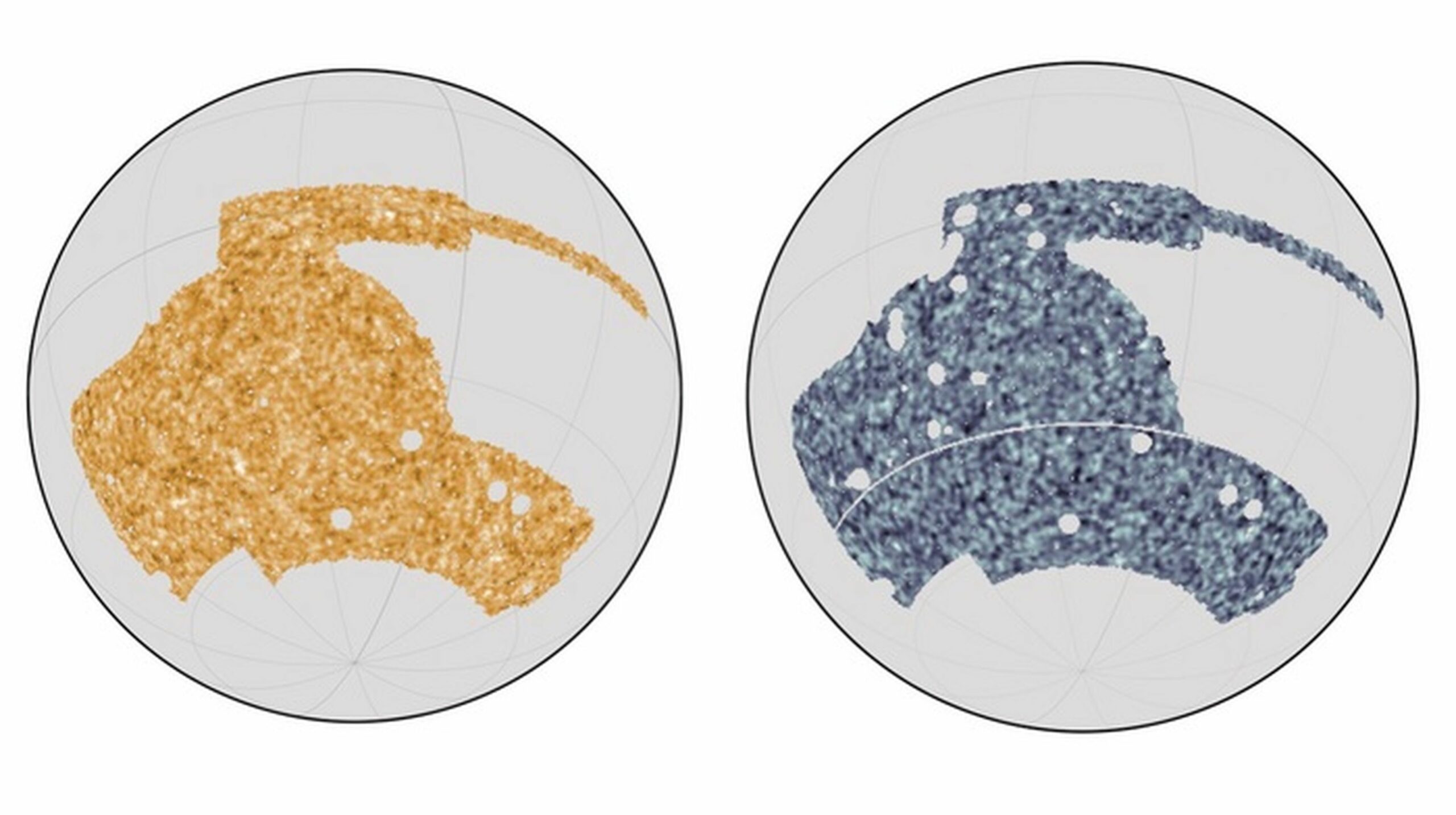 Sky maps from the Dark Energy Survey Telescope (left) and the South Pole Telescope