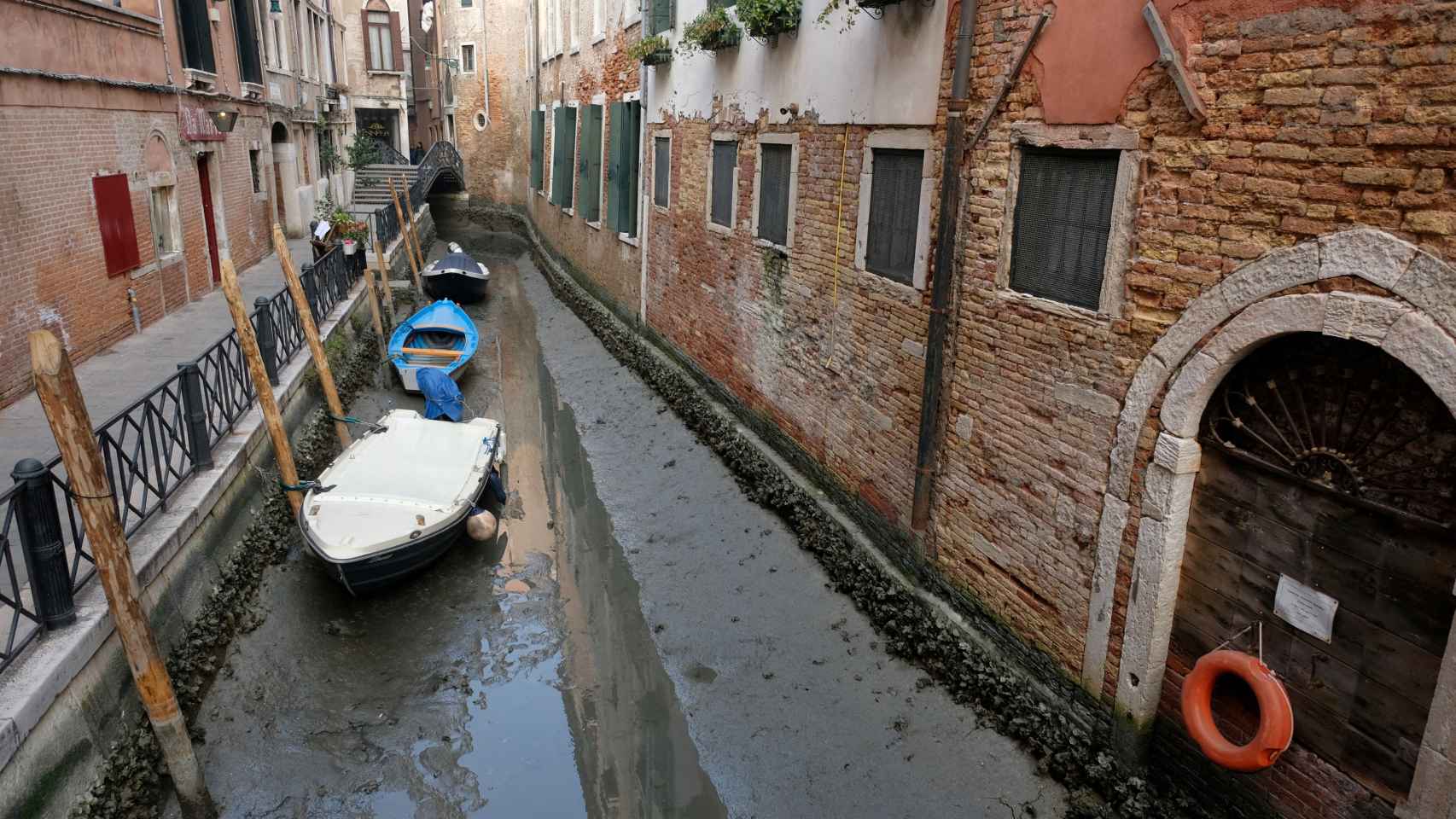 A dry Venice canal.