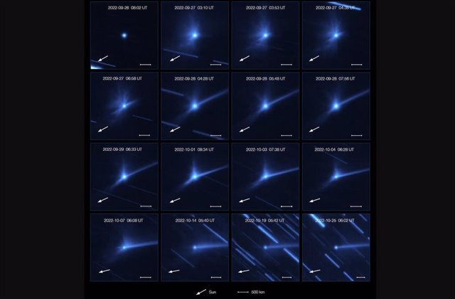 This series of images, taken with the MUSE instrument on ESO's Very Large Telescope, show the evolution of the debris cloud that was ejected when NASA's DART spacecraft collided with the asteroid Dimorphos.