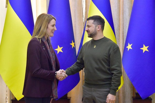 The President of the European Parliament, Roberta Metsola, and the President of Ukraine, Volodimir Zelensky