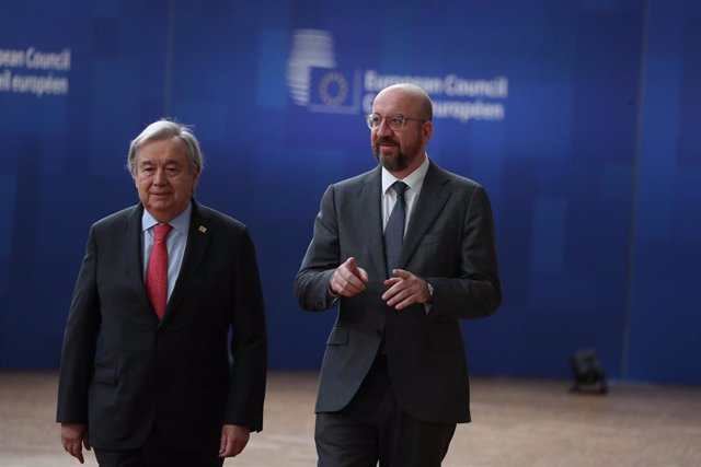 The Secretary General of the United Nations, António Guterres;  together with the President of the European Council, Charles Michel, in Brussels in the framework of a summit of the European Union