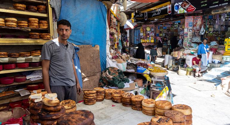 Outdoor cheese stall at a market in Taiz, Yemen.