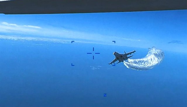 US Army image showing a Russian fighter dropping fuel on a drone