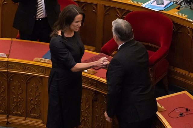 Archive - The President of Hungary, Katalin Novák, greets the country's Prime Minister, Viktor Orbán