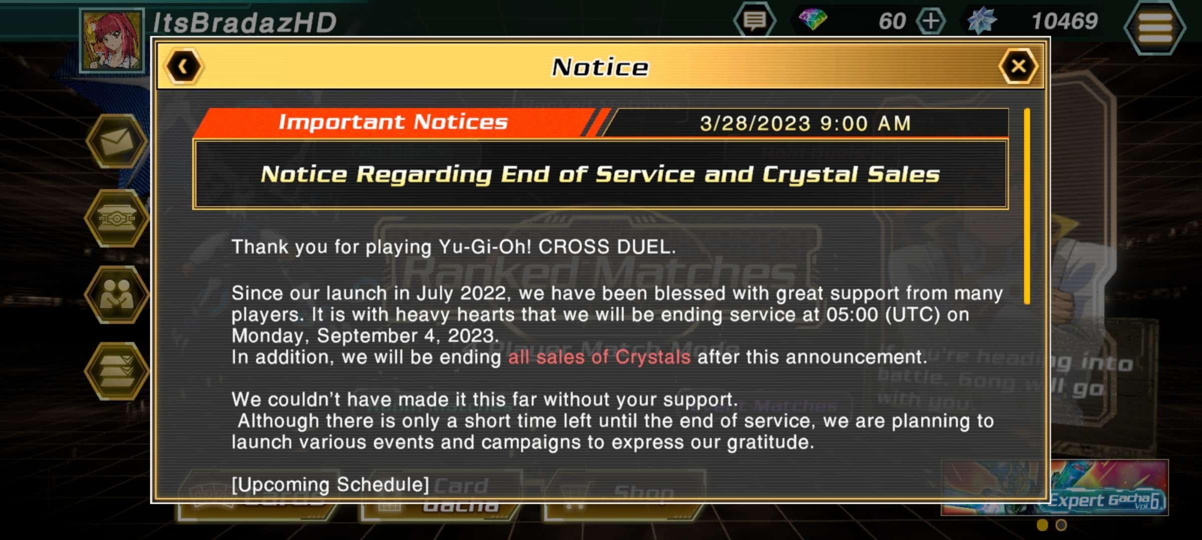 The announcement of the closure of Yu-Gi-Oh!  CROSS DUEL