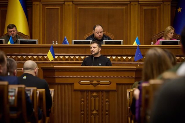 File - President of Ukraine Volodymyr Zelensky speaking in the kyiv parliament