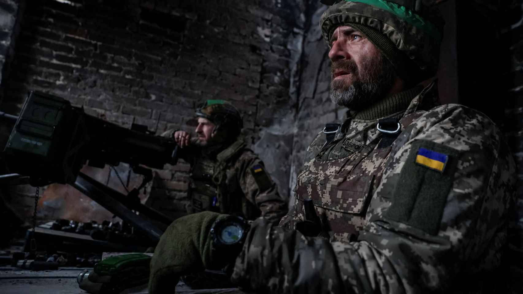 Ukrainian soldiers on the front line of the battle in Bakhmut.