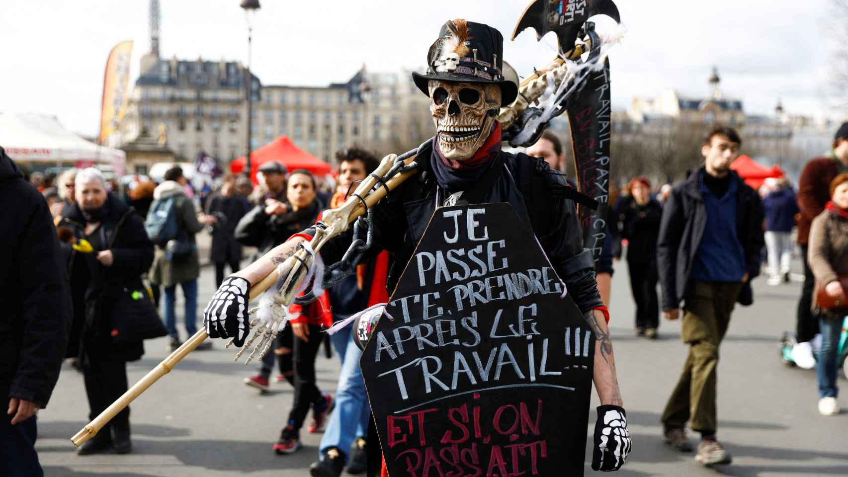 Protesters attend a demonstration against the French government's pension reform plan in Paris, as part of the eighth day of national strike and protests in France, on March 15, 2023.