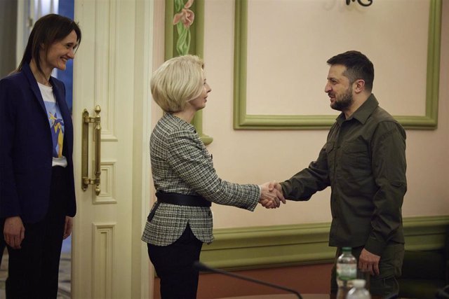 File - Latvian Defense Minister Inara Murniece greets Ukrainian President Volodimir Zelensky on his visit to kyiv.