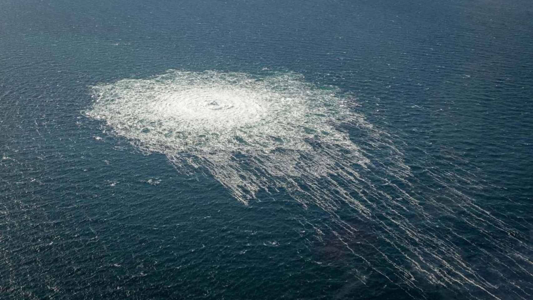 Gas bubbles from the leaking Nord Stream 2 reaching the surface of the Baltic Sea in the area show a disturbance more than a kilometer in diameter near Bornholm, Denmark on September 27, 2022.