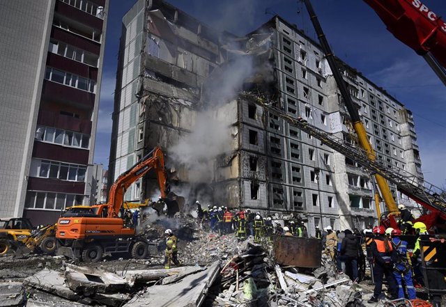 A destroyed Ukrainian residential building after a Russian missile hit