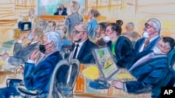 This artist sketch depicts the trial of Oath Keepers leader Stewart Rhodes (center) and four others accused of seditious conspiracy in the January 6, 2021 attack on the Capitol, in Washington on October 6, 2022.