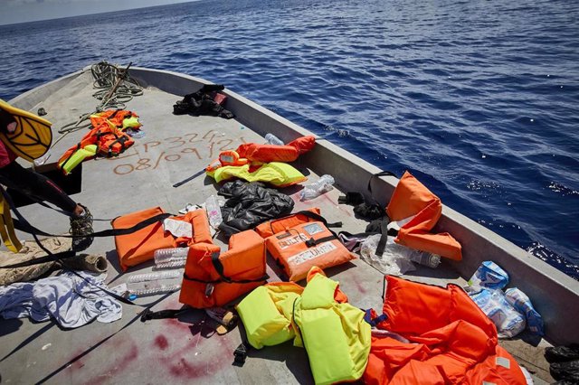 File - Several life jackets, in a boat where a total of 70 migrants were traveling, on September 8, 2021, in the Mediterranean Sea.