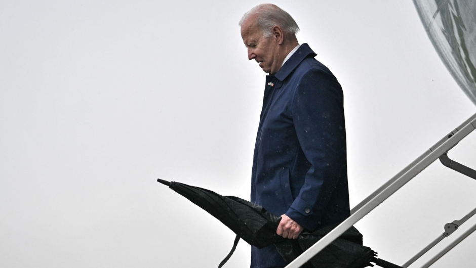 US President Joe Biden arrives at Dublin International Airport, April 12, 2023, as part of a four-day trip to Northern Ireland and Ireland for commemorations of the 25th anniversary of the "Good Friday Agreement".  (Credit: JIM WATSON/AFP via Getty Images)