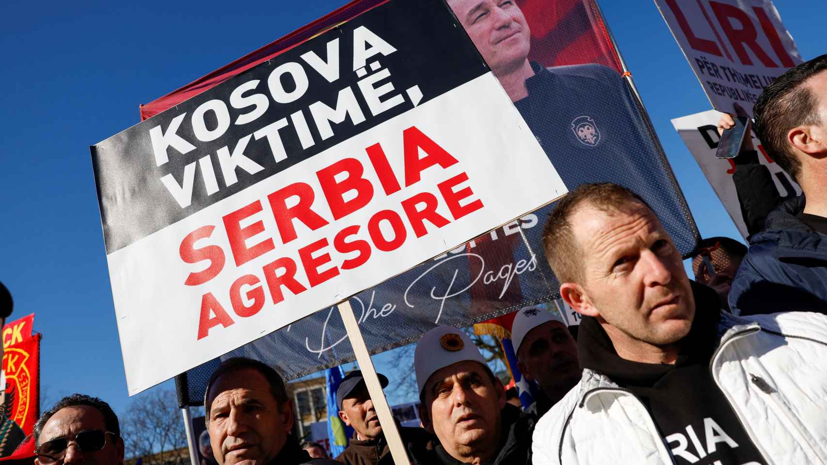 Thaçi supporters protest in the streets of The Hague as the trial takes place.