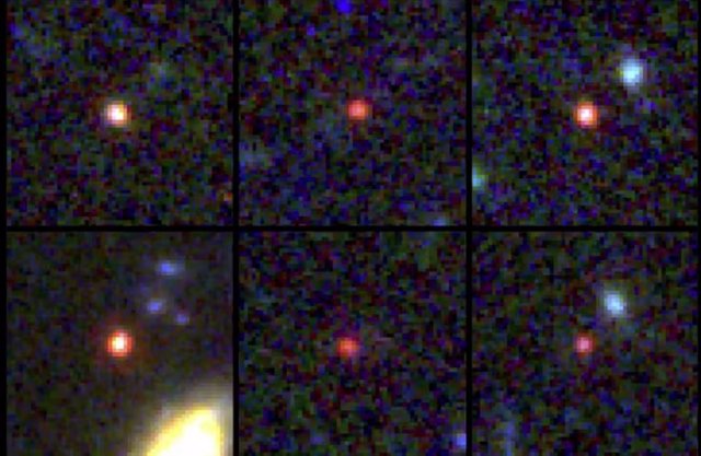 Images of six candidate massive galaxies, seen between 500 and 800 million years after the Big Bang.